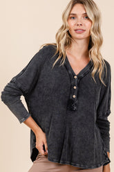 Mittoshop Women's Washed V-Neck Long Sleeve Blouse - Vintage Style, 100% Cotton
